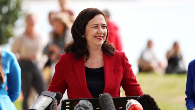 Premier Annastacia Palaszczuk speaking at Burleigh yesterday. Picture: Nigel Hallett.