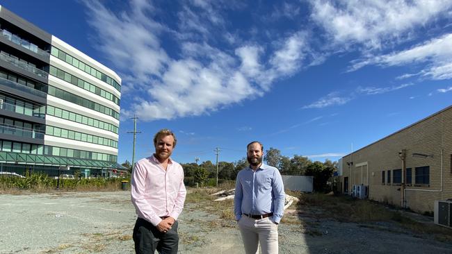 Developer Simon Rogers from RogersCorp with Ray White leasing agent Franz Stapelberg at the site of a massive $30 million Springwood health hub development.