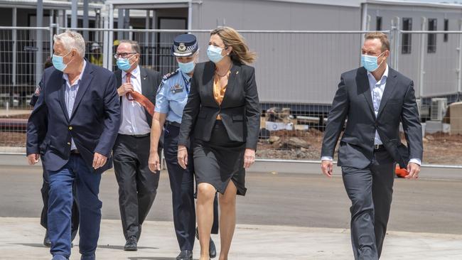 John Wagner with Annastacia Palaszczuk and Steven Miles at the quarantine hub shortly after it opened. Picture: Nev Madsen.