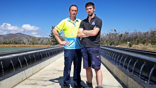 Graeme Cameron, hatchery manager, left, and general manager Ben Cameron at Cameron of Tasmania hatchery in Dunalley. Picture: SAM ROSEWARNE