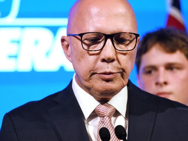 BRISBANE, AUSTRALIA - MAY 03: Opposition Leader Peter Dutton concedes defeat during a Liberal Party election night event at W Hotel on May 03, 2025 in Brisbane, Australia. Anthony Albanese and the Labor Party secure a second term as Australians rejected Peter Dutton's pitch for a conservative shift amid persistent cost-of-living and housing concerns. Dutton's defeat marks a setback for the Liberal-National coalition, reflecting shifting voter preferences. (Photo by Dan Peled/Getty Images)