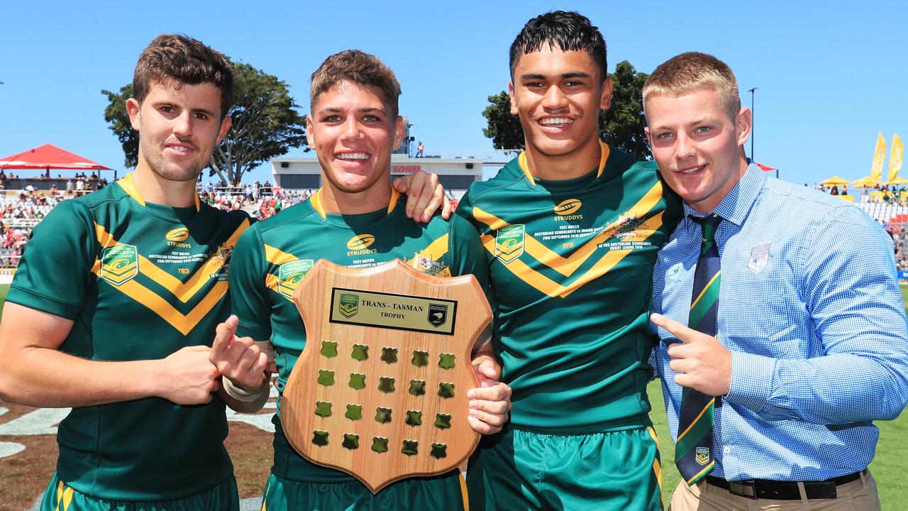 Toby Sexton (left) played Australian Schoolboys alongside Reece Walsh, Brendan Piakura and Josh Bevan. Picture: SMPIMAGES.COM