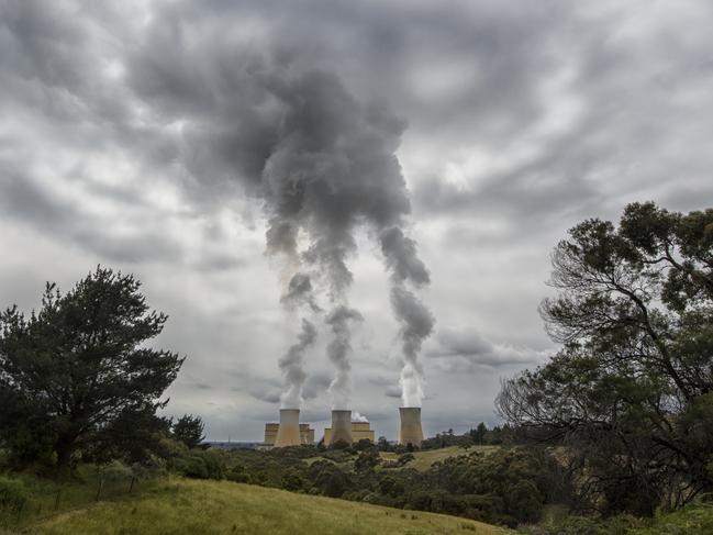 Yallourne, Victoria, Australia. Coal burning smoke stacks.