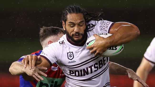 Martin Taupau is tackled as the Sea Eagles proved too strong for Newcastle. Picture: Getty Images