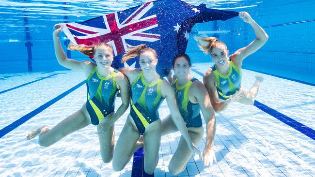 Queenslanders Gabi Palm, Abby Andrews, Bronwen Knox and Elle Armit, who will line up for the Australian Womens Water Polo team to compete at the Tokyo Olympics. Picture Lachie Millard