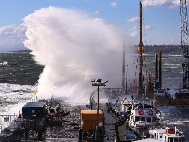 High winds and rough seas caused havoc as gigantic waves crash into Mornington Harbour. Picture: Michael Dodge/Getty Images