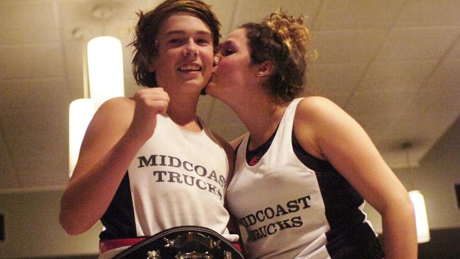 Mitchel Stapleton receives a congratulatory kiss from sister Keeley after winning a bout as a youngster. Picture: Stuart Turner