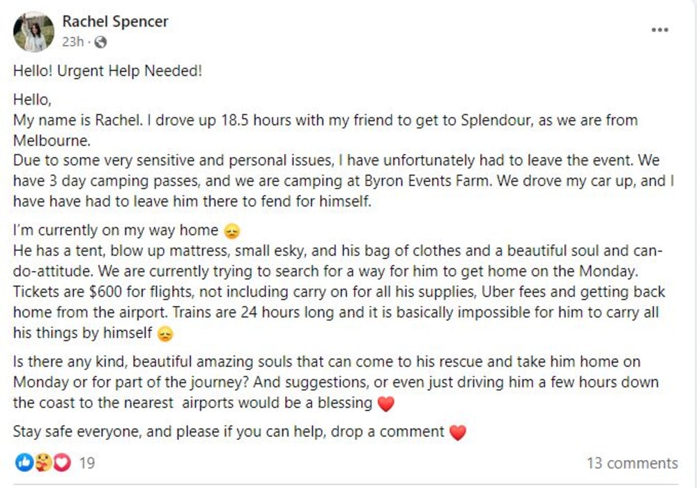 One festivalgoer is faced with the potential of being stranded at Splendour with no way of returning home to Melbourne as prices for rideshares and plane tickets are at an all time high. Picture: Facebook