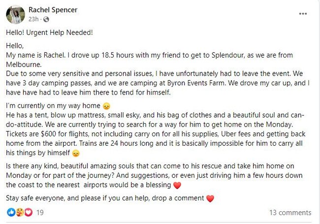 One festivalgoer is faced with the potential of being stranded at Splendour with no way of returning home to Melbourne as prices for rideshares and plane tickets are at an all time high. Picture: Facebook