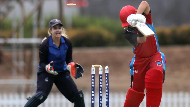 Sturt wicketkeeper Eliza Bartlett celebrates as Southern’s batter Cara Allen is bowled. Picture: AAP/Dean Martin