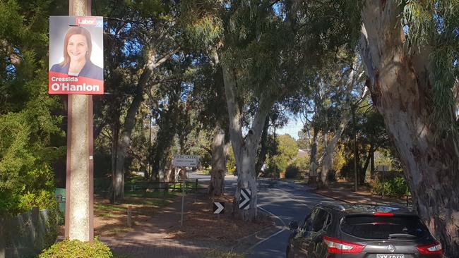 The election corflutes for Labor candidate Cressida O’Hanlon still hanging in Schulze Rd, Athelstone. Picture: Colin James