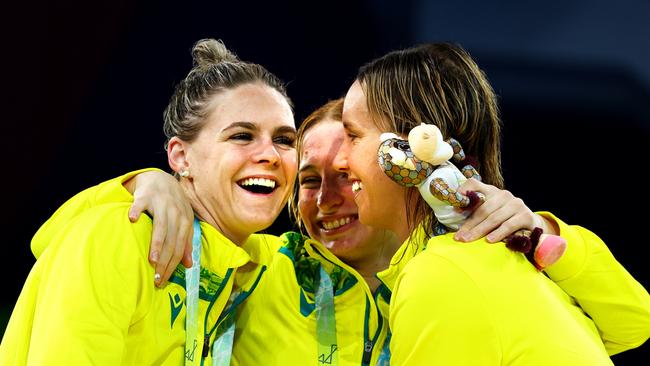 Silver medalist, Shayna Jack of Team Australia, Gold medalist, Mollie O'Callaghan of Team Australia and Bronze medalist, Emma McKeon