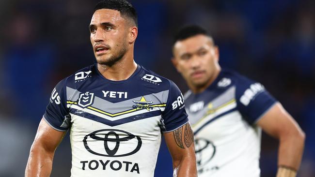 GOLD COAST, AUSTRALIA - MAY 12:  Valentine Holmes of the Cowboys looks on during the round 10 NRL match between Gold Coast Titans and North Queensland Cowboys at Cbus Super Stadium, on May 12, 2024, in Gold Coast, Australia. (Photo by Chris Hyde/Getty Images)