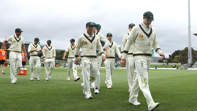 The Australian team walk off the ground at the end of day one against South Africa in November 2016, Hobart’s last Test. (Photo by Robert Cianflone/Getty Images)