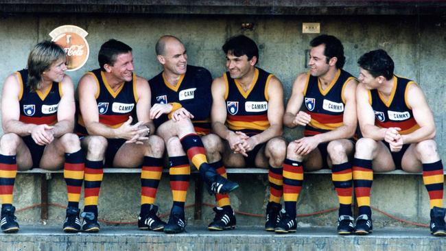 Crows teammates Greg Anderson, Chris McDermott, Andrew Jarman, Tony Hall, Tony McGuinness and Mark Bickley in August 1995. Picture: Pip Blackwood