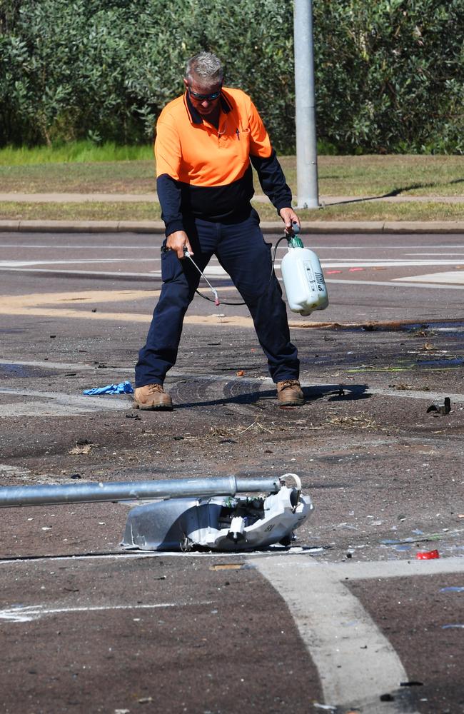 A worker at the crash scene on Thursday. Picture: Katrina Bridgeford