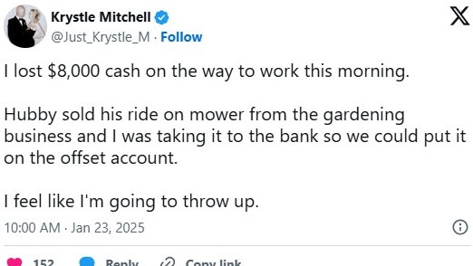 Ms Mitchell's social media about losing $8000 cash