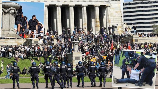 Protesters have been condemned for disrespecting war veterans as the standoff at the Shrine of Remembrance stretches into hours, with several arrests. Pictures: AFP.NewsWire