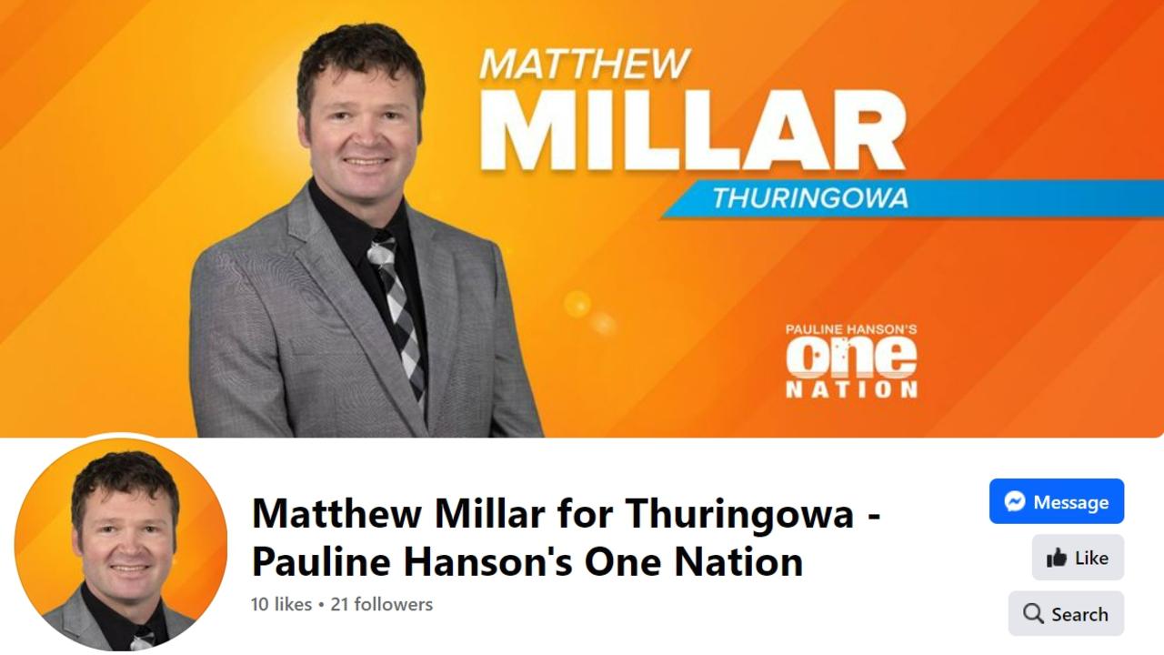 The Facebook page belonging to One Nation’s Thuringowa candidate Matthew Millar. The candidate has been suspended, “effective immediately”. Picture: Supplied