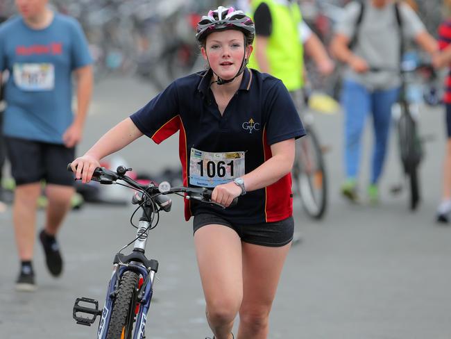 Bridget Foale, from Guilford Young College, in the transition area at the beginning of her cycle leg in the grade 11 girls section