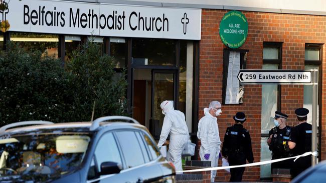 Police forensics officers work at the scene of a fatal stabbing incident at Belfairs Methodist Church in Leigh-on-Sea, in southeast England on October 15. Picture: AFP