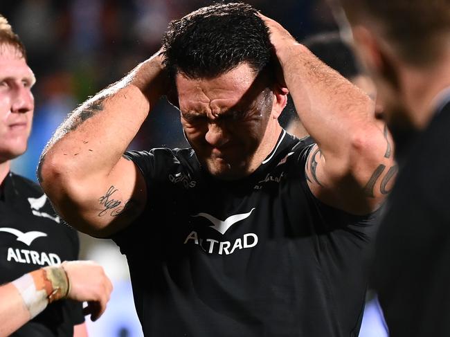 CHRISTCHURCH, NEW ZEALAND - AUGUST 27:  Codie Taylor of the All Blacks shows his emotion after The Rugby Championship match between the New Zealand All Blacks and Argentina Pumas at Orangetheory Stadium on August 27, 2022 in Christchurch, New Zealand. (Photo by Hannah Peters/Getty Images)