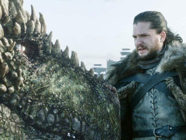 Jon Snow with a dragon in episode one of season 8 of Game Of Thrones. Picture: HBO/Foxtel