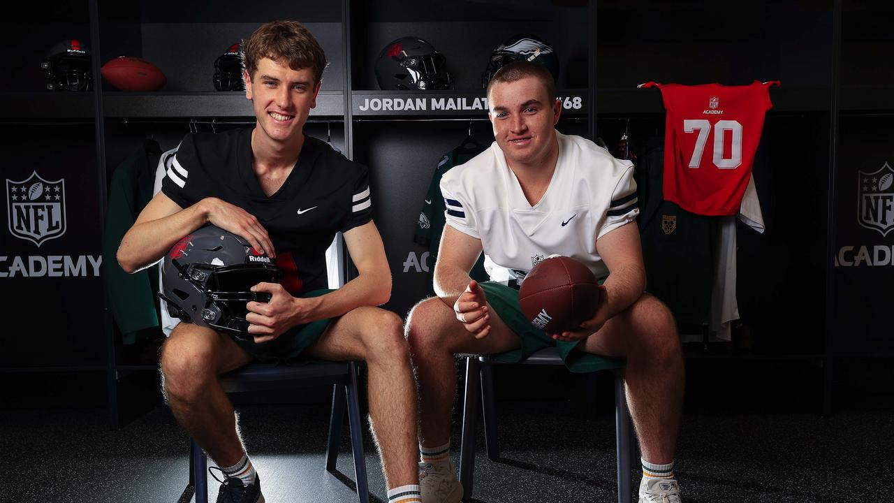 Jahn Komorowski, 16, and Sam Brookes, 16, inside the temporary facilities at the NFL Academy at AB Paterson College on the Gold Coast. Picture: Adam Head