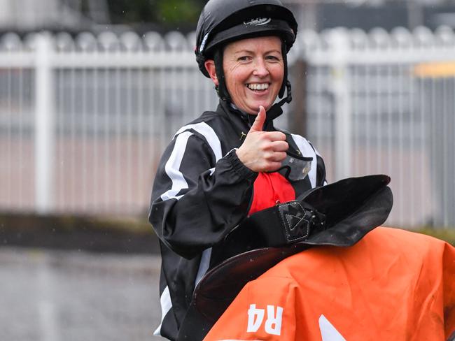 Jade Darose returns to the mounting yard after winning on Jungle Edge.