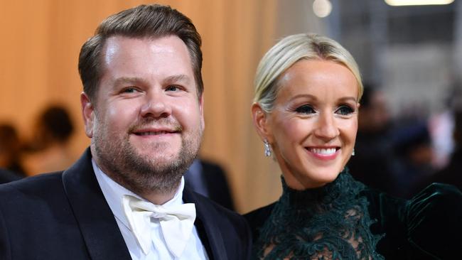 Corden and wife Julia Carey. Picture: Angela Weiss/AFP