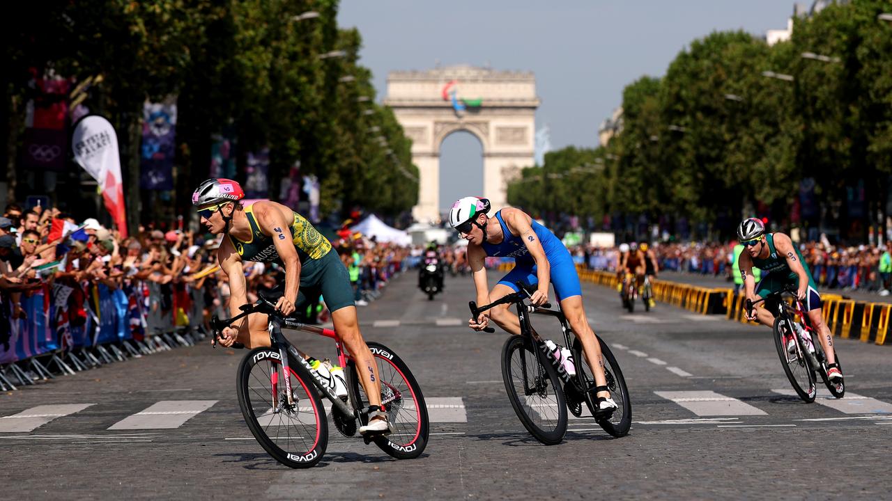 Matthew Hauser during the bike leg of the triathlon in Paris. Picture: Getty Images