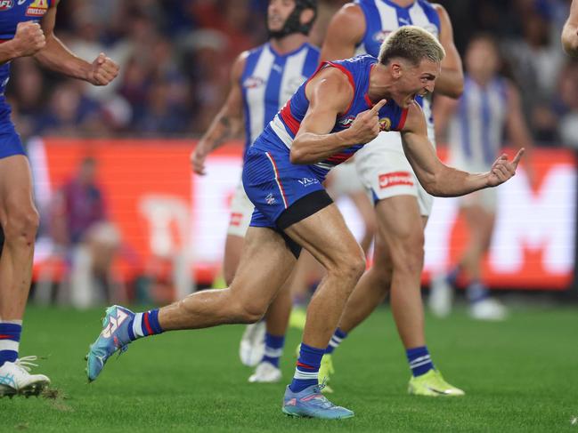 Laitham Vandermeer celebrates on Saturday night. Picture: Daniel Pockett/Getty Images