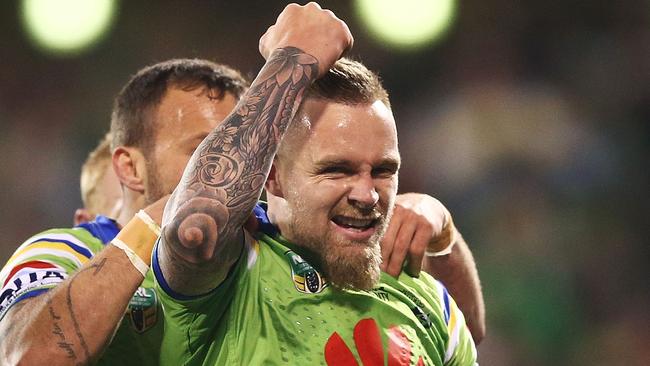 CANBERRA, AUSTRALIA — SEPTEMBER 17: Blake Austin of the Raiders celebrates scoring a try during the second NRL Semi Final match between the Canberra Raiders and the Penrith Panthers at GIO Stadium on September 17, 2016 in Canberra, Australia. (Photo by Mark Metcalfe/Getty Images)