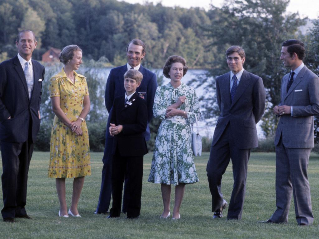 The royal family and Princess Anne’s husband Mark Phillips together in Canada in 1976 for the Olympic Games. Picture: Anwar Hussein/Getty Images