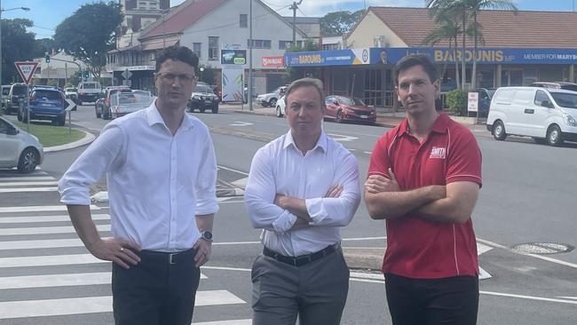 Bart Mellings and Tom Smith join Opposition Leader Stephen Miles for a media conference outside John Barounis' office on Lennox St, Maryborough