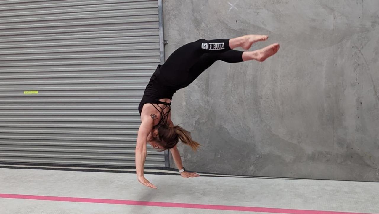 Leah Gardner, 24, performs a tumbling move during training. Picture: Contributed