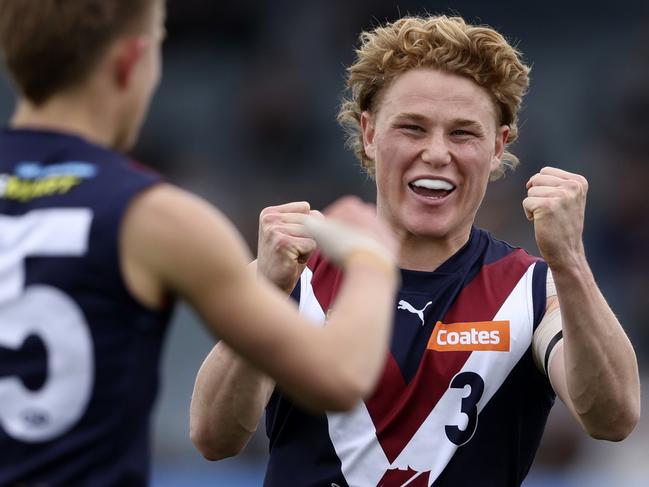 MELBOURNE, AUSTRALIA - SEPTEMBER 21: Levi Ashcroft of the Dragons celebrates a goal during the 2024 Coates Talent League Boys Grand Final match between the Sandringham Dragons and GWV Rebels at IKON Park on September 21, 2024 in Melbourne, Australia. (Photo by Martin Keep/AFL Photos via Getty Images)