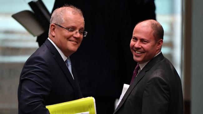 Prime Minister Scott Morrison and Treasurer Josh Frydenberg leave after Question Time in the House of Representatives on Tuesday.