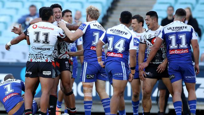 Paul Turner of the Warriors celebrates after scoring a try during the round 15 NRL match between the Canterbury Bulldogs and the New Zealand Warriors at ANZ Stadium.