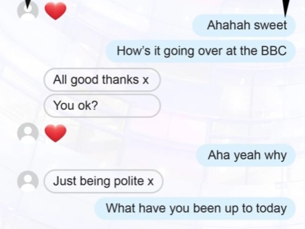 Recreation of the alleged messages between the star (left) and then-teen (right) which began with a love heart emoji from the presenter. Picture: The Sun.