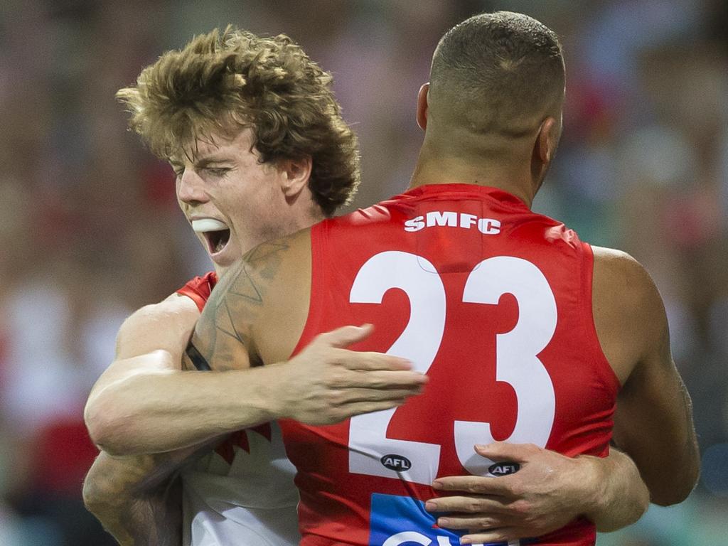 Nick Blakey celebrates with Lance Franklin of the Swans after kicking a goal during the Round 2 AFL match between the Sydney Swans and Adelaide Crows at the SCG in Sydney, Friday, March 29, 2019. (AAP Image/Craig Golding) NO ARCHIVING, EDITORIAL USE ONLY