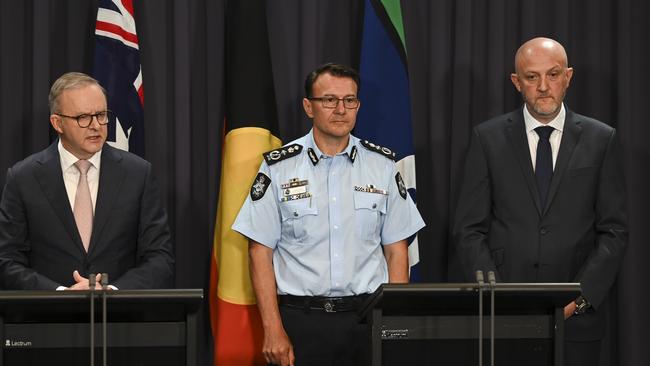 Prime Minister Anthony Albanese, Australian Federal Police Commissioner Reece Kershaw and ASIO boss Mike Burgessaddressed the country on Tuesday morning. Picture: NCA NewsWire / Martin Ollman