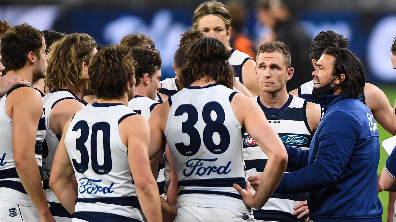 Chris Scott talks to his players during their clash with GWS. Picture: Getty Images