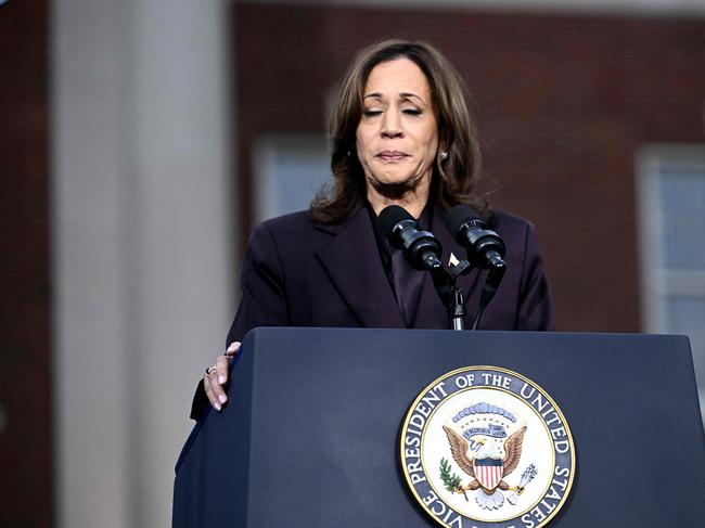 TOPSHOT - US Vice President Democratic presidential candidate Kamala Harris gestures as she speaks at Howard University in Washington, DC, on November 6, 2024. Donald Trump won a sweeping victory on November 6, 2024 in the US presidential election, defeating Kamala Harris to complete an astonishing political comeback that sent shock waves around the world. (Photo by Brendan SMIALOWSKI / AFP)