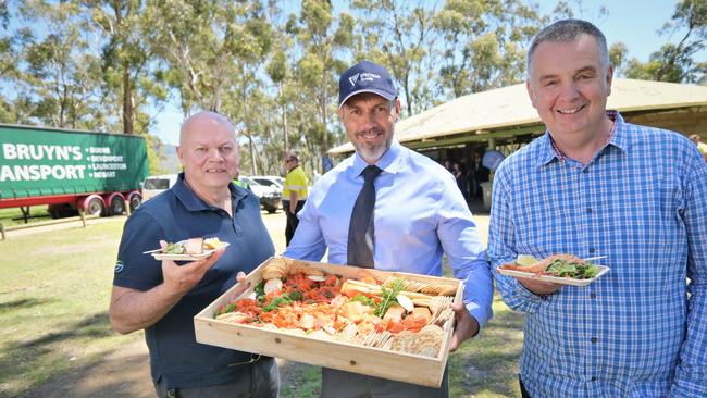 Biomar’s David Whyte, Spectran’s Mark Hindmarsh, and De Bruyn’s John De Bruyn have joined the Tasmanian Farmed Salmon Alliance. Picture: Kenji Sato