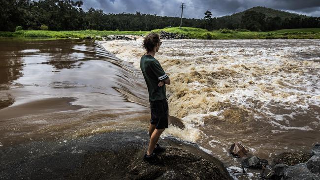 Water flowing at Oxenford weir on the Gold Coast. Picture: Nigel Hallett