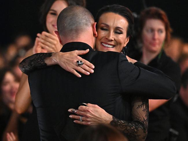 Larry Emdur embraces his wife Sylvie Emdur after winning the Gold Logie. Picture: Getty Images