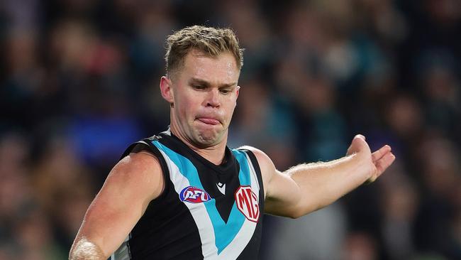 ADELAIDE, AUSTRALIA - AUG 03: Dan Houston of the Power during the 2024 AFL Round 21 match between the Port Adelaide Power and the Sydney Swans at Adelaide Oval on August 03, 2024 in Adelaide, Australia. (Photo by Sarah Reed/AFL Photos via Getty Images)