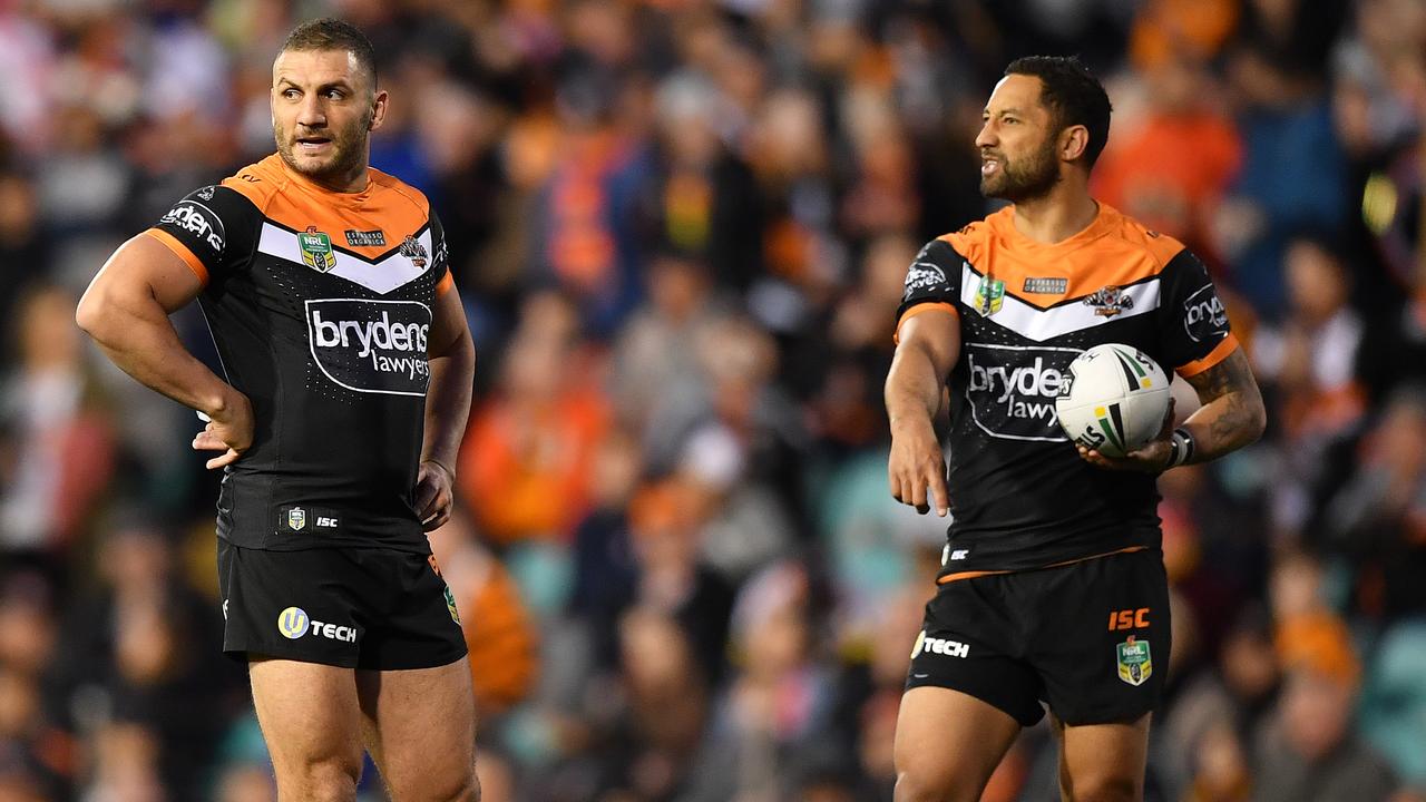 Robbie Farah (left) and Benji Marshall of the Tigers at Leichhardt Oval. Picture: AAP Image/Joel Carrett