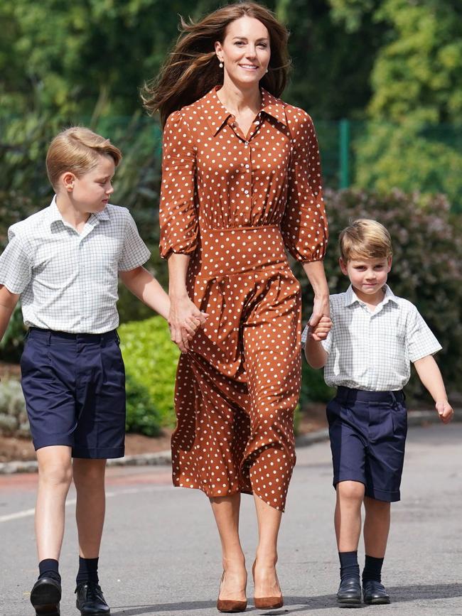 Kate donned a $445 spotty number for the kids’ first day at Lambrook School. Picture: Jonathan Brady – Pool/Getty Images